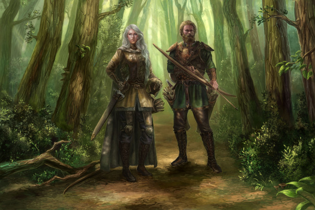 Обои картинки фото фэнтези, люди, девушка, мужчина, фон, взгляд, униформа, оружие