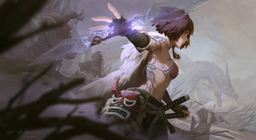 Картинка фэнтези иные+миры +иные+времена девушка дракон туман воины оружие