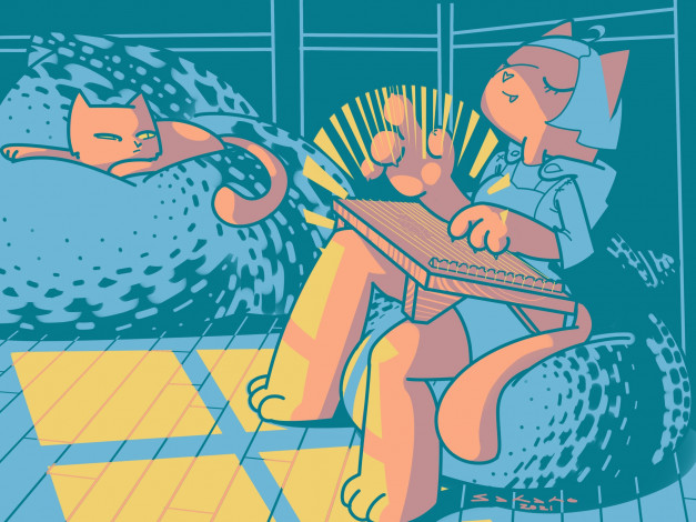 Обои картинки фото аниме, животные,  существа, кот, неко, инструмент, музыка