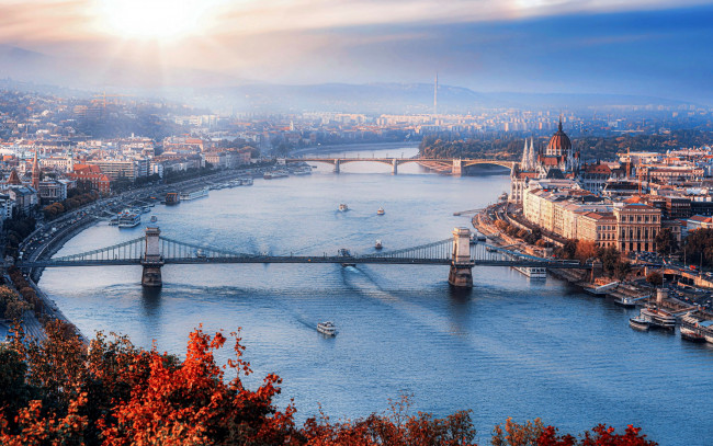 Обои картинки фото города, будапешт , венгрия, панорама, река, мосты