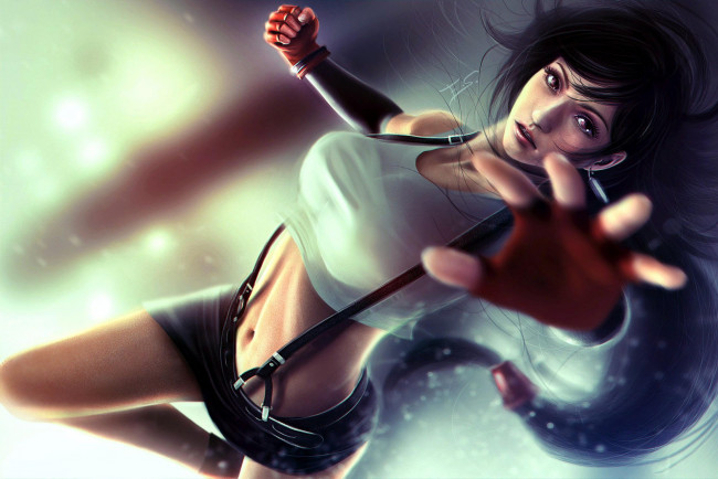 Обои картинки фото видео игры, final fantasy vii, девушка, шорты, падение