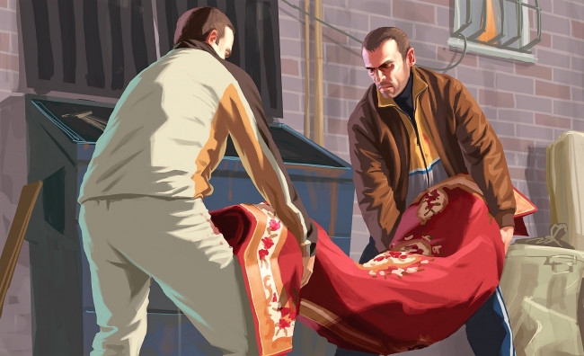 Обои картинки фото видео игры, grand theft auto iv, преступники, ковер, труп