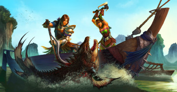 Картинка фэнтези существа лодка люди рыба