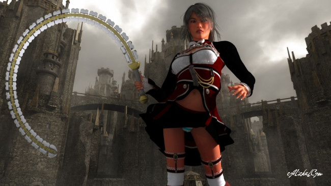 Обои картинки фото 3д графика, fantasy , фантазия, оружие, девушка, замок