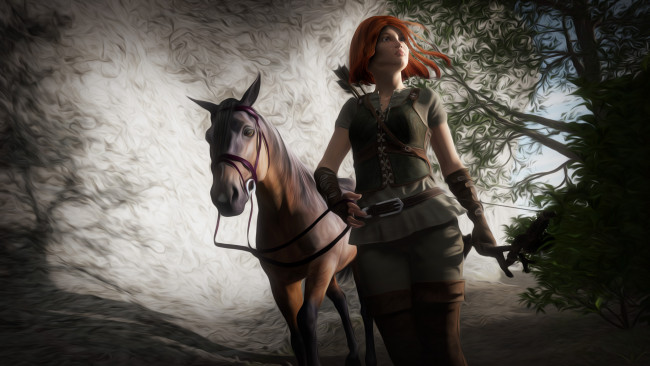 Обои картинки фото 3д графика, people , люди, лошаль, девушка, взгляд