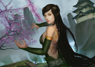 Картинка фэнтези девушки дерево ветер волосы дом арт япония девушка