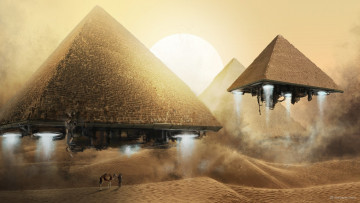 Картинка фэнтези космические+корабли +звездолеты +станции верблюд корабли взлёт человек пирамиды пустыня арт