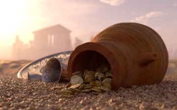 Картинка разное золото +купюры +монеты золотые россыпью песок галька кувшин туманом ancient city глиняный поднос чаша серебренный деньги coins монеты серебряные скрытый