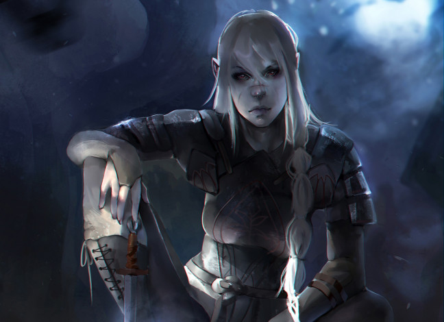 Обои картинки фото фэнтези, девушки, коса, волосы, взгляд, нож, убийца, девушка