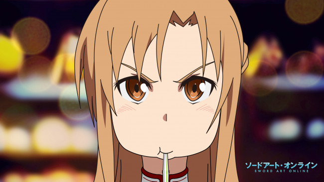 Обои картинки фото аниме, sword art online, yuuki, asuna, sword, art, online, трубочка, недовольство, асуна