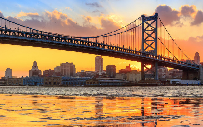Обои картинки фото города, - мосты, мост, река, делавэр, пенсильвания, delaware, river, benjamin, franklin, bridge, pennsylvania, филадельфия, philadelphia, панорама, бенджамина, франклина