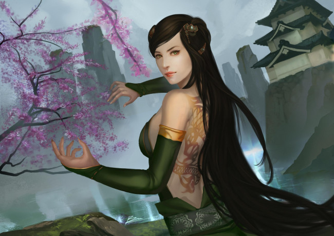 Обои картинки фото фэнтези, девушки, дерево, ветер, волосы, дом, арт, япония, девушка