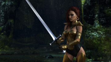 Картинка 3д+графика фантазия+ fantasy девушка взгляд фон оружие