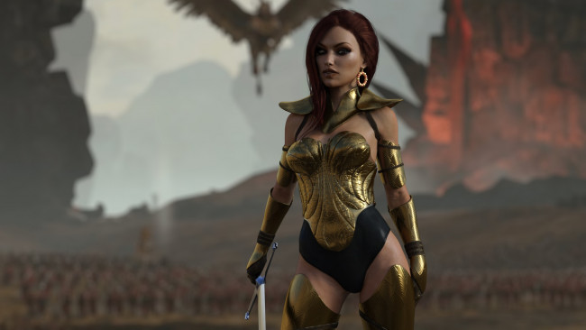 Обои картинки фото 3д графика, фантазия , fantasy, девушка, взгляд, фон, оружие