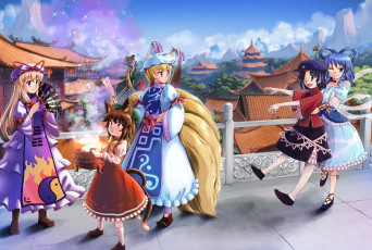 Картинка аниме touhou девушки взгляд фон