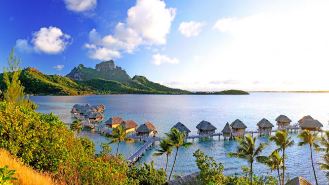 Обои картинки фото природа, тропики, море, остров, бунгало, бора-бора