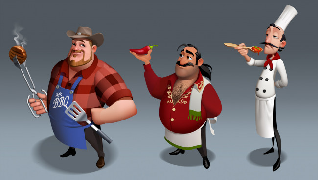 Обои картинки фото рисованное, люди, взгляд, фон, перец, повар, мужчины, котлета