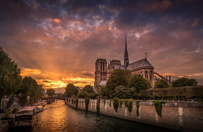 Обои картинки фото notre dame in paris, города, париж , франция, река, закат