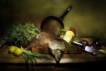 Картинка еда рыба +морепродукты +суши +роллы лимон зелень лук карп