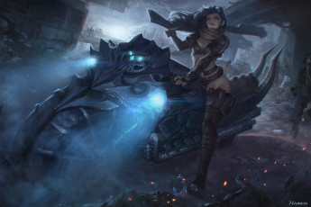 Картинка фэнтези девушки personal work - zombie huntress оружие город арт байк