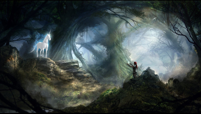 Обои картинки фото фэнтези, единороги, женщина, камни, unicorn, встреча, зов, лес, единорог