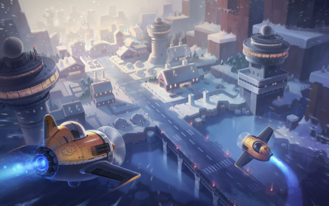 Обои картинки фото фэнтези, иные миры,  иные времена, maplestory2, illustration, город, зима, jay, kim, самолётик, детская, арт