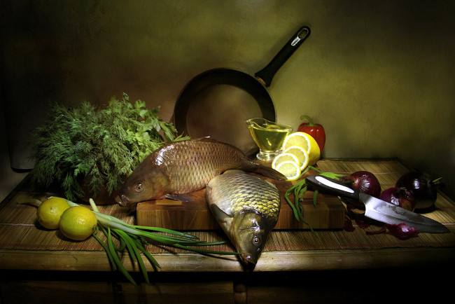 Обои картинки фото еда, рыба,  морепродукты,  суши,  роллы, лимон, зелень, лук, карп