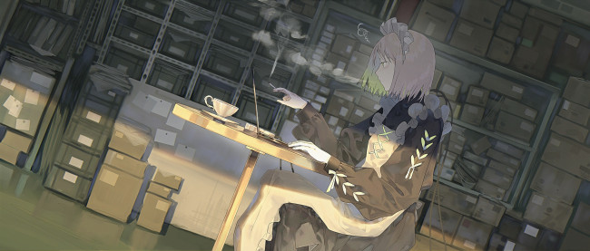 Обои картинки фото аниме, город,  улицы,  интерьер,  здания, девушка, сигарета, ноутбук, чашка, посылки, стол