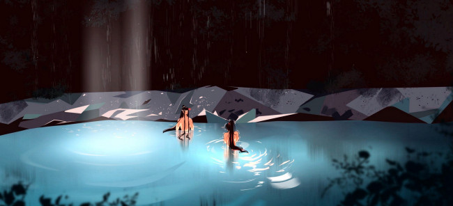 Обои картинки фото аниме, mo dao zu shi, лань, ванцзи, вэй, усянь, источник, купание