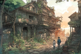 Картинка аниме город +улицы +интерьер +здания старый заросший дом