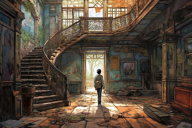 Обои картинки фото аниме, город,  улицы,  интерьер,  здания, старый, заросший, дом