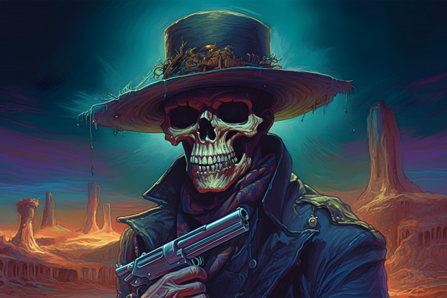 Обои картинки фото фэнтези, нежить, скелет, с, пистолетом