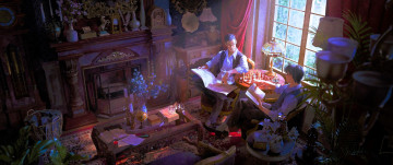 обоя аниме, fullmetal alchemist, люди, комната, камин, столы, газета, книга