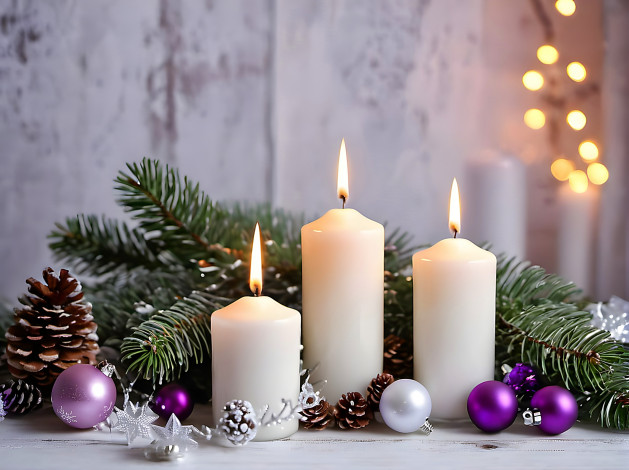 Обои картинки фото праздничные, новогодние свечи, шишки, свечи, огоньки, шарики