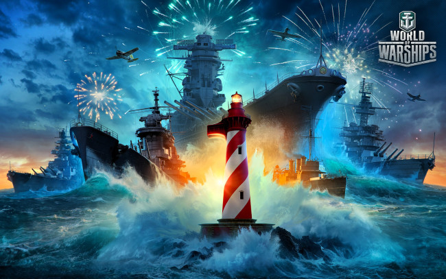 Обои картинки фото видео игры, world of warships, корабли, салют, море, самолеты, маяк