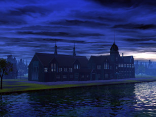 Картинка 3д графика architecture архитектура дома река ночь