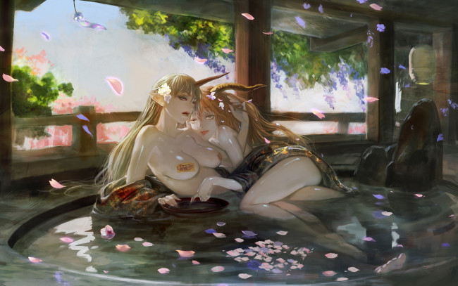 Обои картинки фото фэнтези, демоны, демоницы, ванна, лепестки, ню
