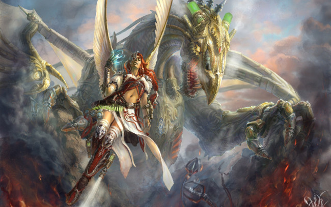Обои картинки фото фэнтези, красавицы, чудовища, дракон, ангел