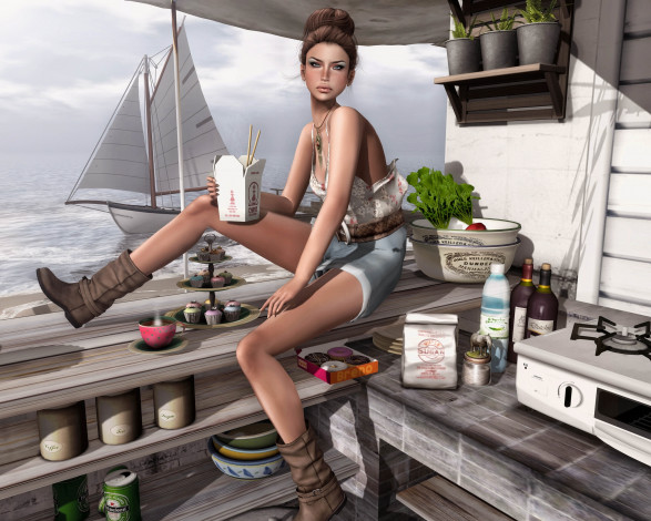 Обои картинки фото 3д, графика, people, люди, девушка, парусник, еда