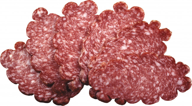 Обои картинки фото еда, колбасные, изделия, колбасы, дольки, разрез, белый, фон