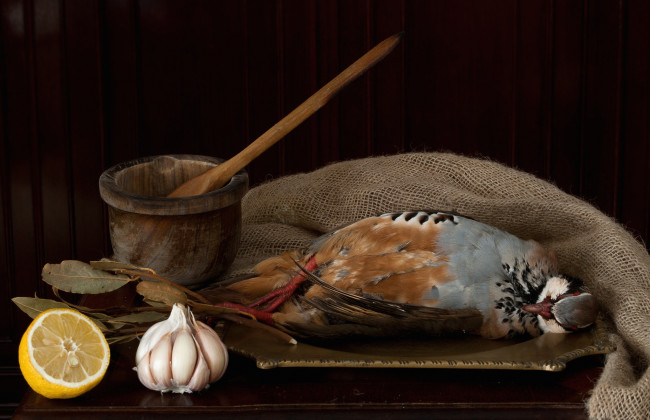 Обои картинки фото еда, натюрморт, голландский, ступка, лимон, чеснок, дичь