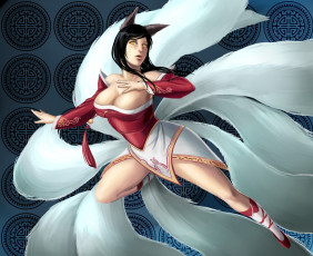 Картинка league+of+legends фэнтези существа девушка ahri лисица хвосты грудь жест прыжок league of legends