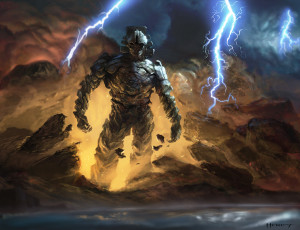 Картинка фэнтези существа обломки молнии камни земля гигант
