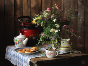 Картинка еда натюрморт чай чайник сушки букет