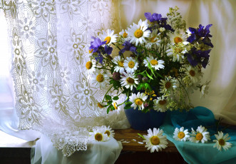 Картинка цветы луговые+ полевые +цветы ромашки ирисы тюль