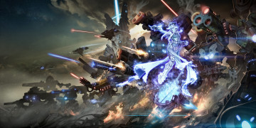 Картинка фэнтези роботы +киборги +механизмы магия будущее атака сражение