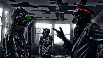 Картинка фэнтези люди романтика апокалипсиса трое помещение противогаз капитан