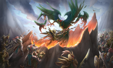 Картинка league+of+legends фэнтези люди орлы роботы воины борьба горы кратер
