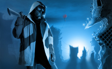 Картинка фэнтези люди человек оружие парень очки капюшон куртка