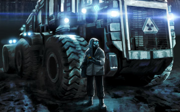 Картинка фэнтези люди человек арт грузовая машина куртка противогаз